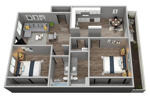 A 3D rendered image of a house layout.